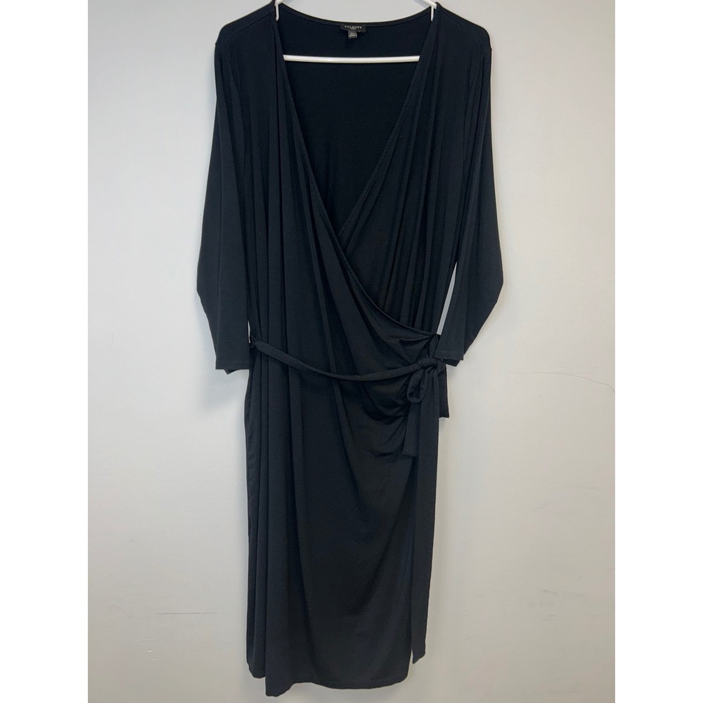 Talbots Womens 2X Black Wrap Dress Faux Wrap Tie Waist 3/4 Sleeve Plus Size